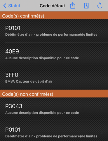 Les défauts que me sort l'ordinateur du moteur